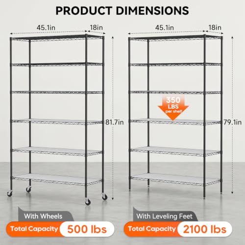 Image of BestOffice | 6-Tier Wire Storage Shelves with PP Shim | 18x45x82 | Black | Wheels | Adjustable Racks | Heavy-Duty Metal Shelf, Holds Upto 2100 lbs | No-Tool Assembly | Ideal for Home & Garage Shelving