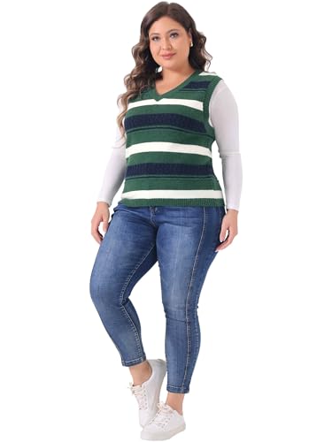 Image of Agnes Orinda Plus Size Sweaters for Women Sleeveless V Neck Striped Knit Casual Pullover Sweater Vests
