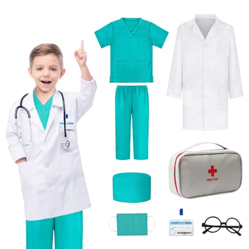 Mineup Arzt Kostüm Kinder, Arztkittel Kinder, Arztkoffer Kinder Kostüm mit Stethoskop kinder, Doktor Rollenspiel Zubehör, Halloween Geschenke für Kinder Jungen Mädchen 4 5 6 7 8 Jahre,130cm