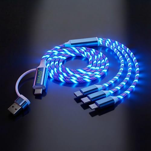 Image of IHAO Multi Ports Light-Up USB Cable USBA /USB C to USBC /MicroUSB Cable Durable Fast Charging Cable with Visible Current Flow As Night Light Use 39 inches-6in1 Blue