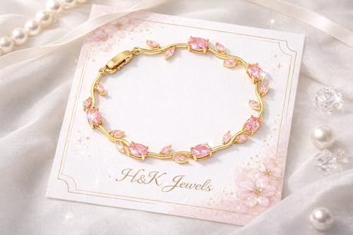 Image of H&K Jewels Tulip Golden Bracelet with Pink Oval and Marquise Crystal Stones, Floral Vine Style|Anti-Tarnish&Waterproof|Gift for Gf and Wife
