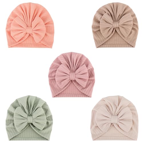 Image of DRESHOW BQUBO 5 Pieces Newborn Baby Turban Hats Bow Baby Infant Beanie Breathable Toddler Cap for Baby Girls