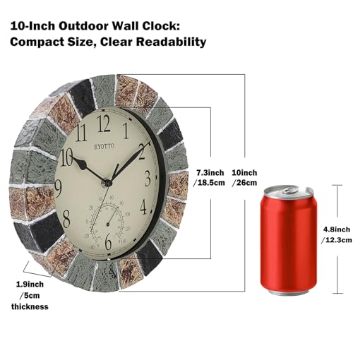 eYotto 10-Zoll Indoor/Outdoor-Wanduhr mit Thermometer – Wetterfeste, wasserdichte, geräuschlose Batterie-Wanduhr für Terrasse, Pool, Garten, Lanai, Zaun, Veranda, Badezimmer