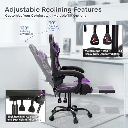Image of Athena Collection Ergonomic Gaming Chair for Adults, Purple | Height Adjustable Office Chair Computer Desk Chair with Footrest & Headrest Lumbar Support for Office & Home, 350lbs