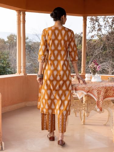 Image of FIORRA Women's Mustard Cotton Printed Straight-Cut Kurta Set