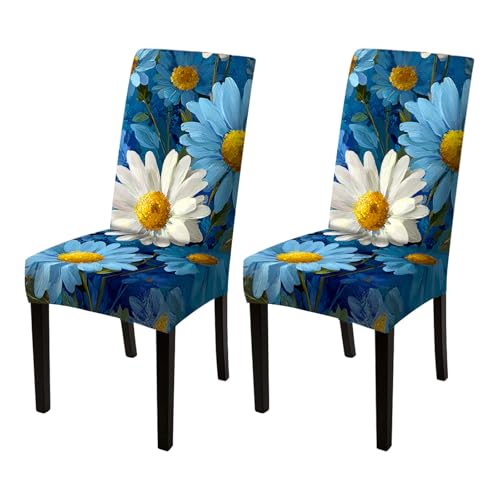 Image of Nuxovilar 2PCS Blue Daisy Print Milk Silk Dining Chair Covers