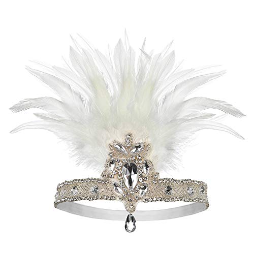 Art Deco 1920s Flapper Feather Headpiece Roaring 20s Great Gatsby Headband for Women 77White