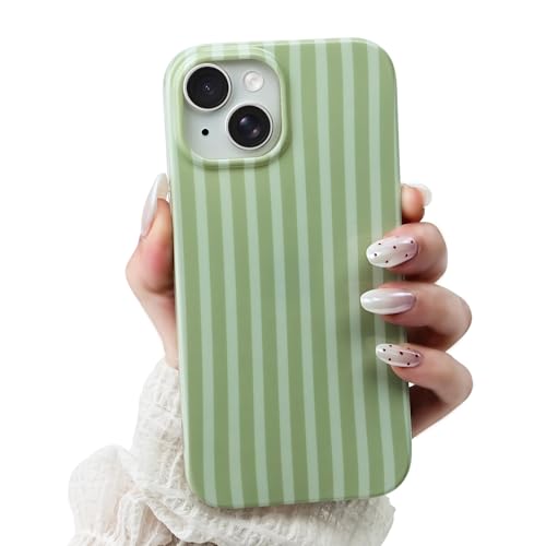 SleekCover Compatible with iPhone 15 Case Cute Aesthetic Striped Pattern Cover for Women Girls Soft TPU Shockproof Protective Stylish Kawaii Case for iPhone 15 6.1 Green