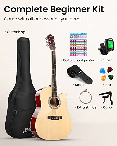 Moukey 41\" Acoustic Guitar for Beginner Adult Teen Full Size Guitarra Acustica with Chord Poster, Gig Bag, Tuner, Picks, Strings, Capo, Strap Right Hand - Natural - Thumbnail 7