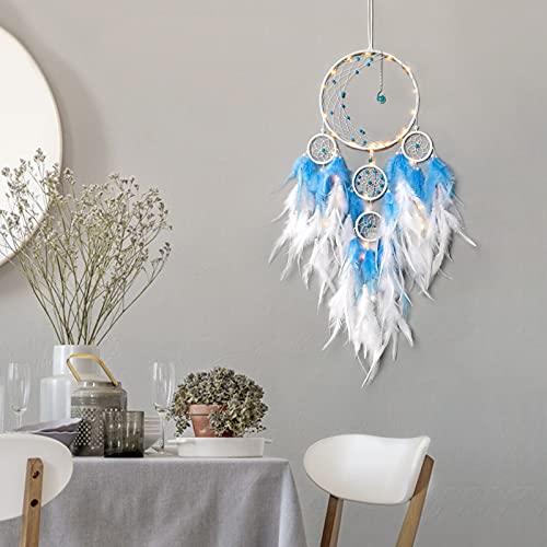 SUPOOBE KHOYIME LED Light Up Dream Catcher Half Circle Moon Decor with Lights Handmade Feather Dreamcatchers for Bedroom Bohemian Home Decor Wedding Ornament Craft Gift for Girls Boys (Blue)