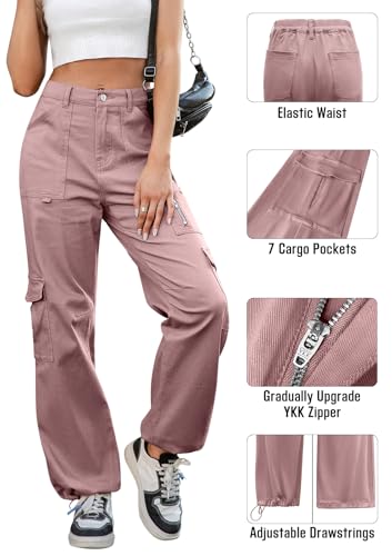 IVIR Cargo Pants Women Adjustable Waist High Waisted Cargo Pants Hiking Pants Baggy Travel Pink Large