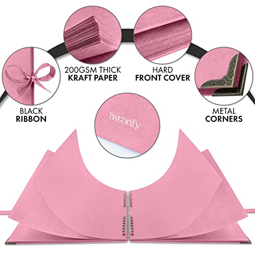 Bstorify 25.4 x 25.4 Cm Scrapbook Album 70 Pages Pink Thick Kraft Paper Corner Protectors, Ribbon Closure - Ideal for Your Scrapbooking, Art & Craft Projects (Pink, 25.4 x 25.4 Cm)