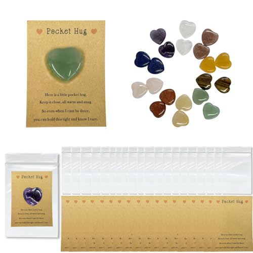 EYRBVX Pocket Hug Natural Crystal Heart Stone Set, 20 Pack Keepsake Cards with Healing Gemstones, Comfort Gift Token for Friends, Women, Colleagues