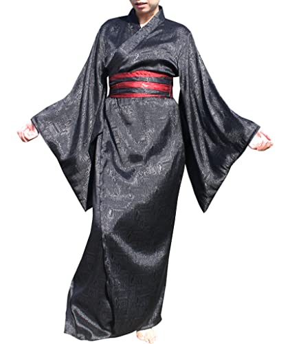 RaanPahMuang Long Kimono Robes for Women, Japanese Comfy Floral Sleepwear Robes, X-Small-Small, Silk - Black and Red