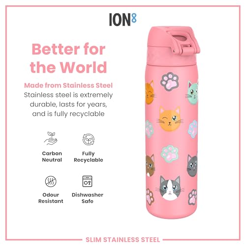 Ion8 Lightweight Steel Water Bottle, 600 ml/20 oz, Non-Insulated, Leak Proof, Easy to Open, Secure Lock, Dishwasher Safe, Flip Cover, Fits Cup Holders, Carry Handle, Metal Water Bottle, Cats - Image 4