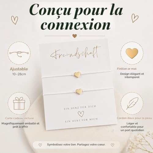 Maggasacca 2 pcs Bracelets d’amitié avec pendentif cœur doré, bracelet couple meilleures amies ajustable cadeau fille femme anniversaire Noël avec carte message – vue 3