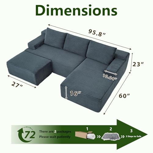 Image of 96.1 inch Modular Sectional Sofa with Ottoman, Modern Corduroy Cloud Couch, Boneless Couch Upholstered 3-Seater U-Shaped Sofa for Living Room, No Assembly (Dark Grey, Right-Facing Chaise)