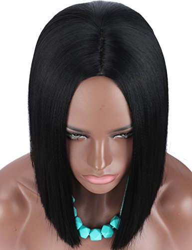 Kalyss 14” Short Straight Black Yaki Synthetic Bob Wig Heat Resistant Premium Synthetic Hair Replacement Middle Parting Full Head Wig For Women #TOP6