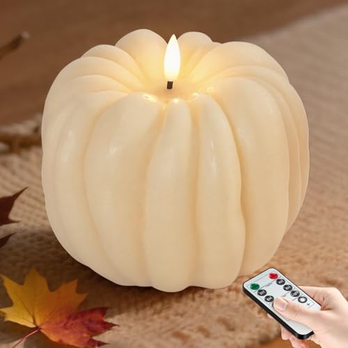 Flameless Pumpkin Candles with Timer - Fall Home Decor Indoor LED Light Up Pumpkins for Mantel Table | Flameless Candle Thanksgiving Fall Decoration Autumn Farmhouse Rustic Harvest Decor (White)