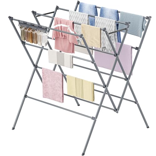 HOMIDEC Clothes Airer, Foldable Clothes Drying Rack with Sock Clips, Space Saving Clothes Horse, Stainless Steel Laundry Drying Rack Airer for Indoor Outdoor Use, Grey
