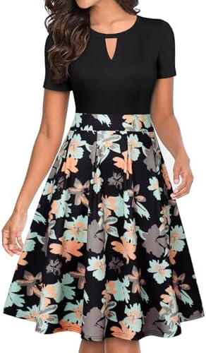 YATHON Women's Vintage Floral Flared Swing Casual Party Dresses with Pockets(YT018-Black Orange F P1,L)