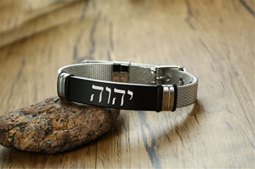 YHVH YHWH Jehovah Bracelet Stainless Steel Hebrew Name of God Tetragrammaton Mesh Wristband Adonai Israelite Hebrew Jewish Jewelry for Men Women, Adjustable, Silver4