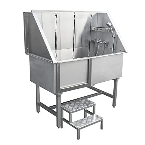 Image of Dog Bath Professional Commercial Stainless Steel Pet Grooming Station 600mm Extra-Large Heavy Duty Metal Wash-Tub Business Salon Groomer Walk In Shower | With Mixer Tap, Drainage Kit and FREE Gloves