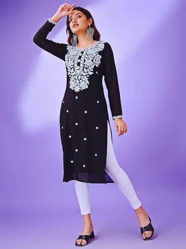 Image of HESVI Women's Georgette White Lakhnavi Chikankari Kurti with Intricate Embroidery Work