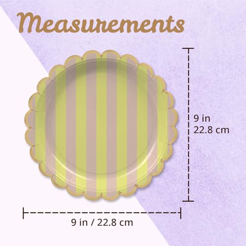 Image of Party Paper Plates, 50-Pack 9-Inch Bulk Disposable Decorative Paper Plates with Gold Scalloped Trim, 6 Colors for Tea Party, Easter, Garden Party, and Bridal Showers, Gilded Pastel Duet Stripes