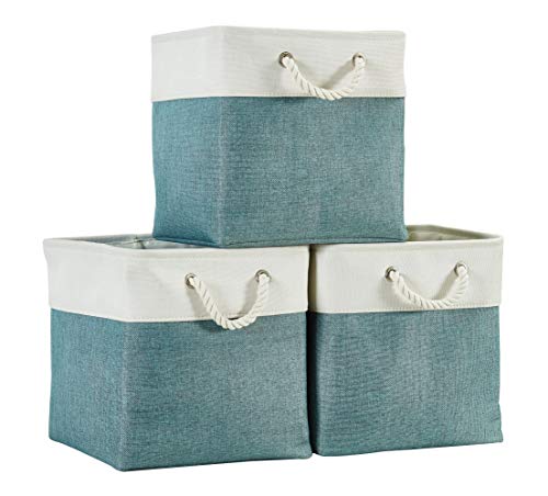 Image of DECOMOMO Cube Storage Organizer Bins | Box Storage Cube Basket with Handles Fabric Cloth Bins for Organizing Shelf Nursery Home Closet (Green & White, 13 x 13 x 13 inch - 3 Pack)