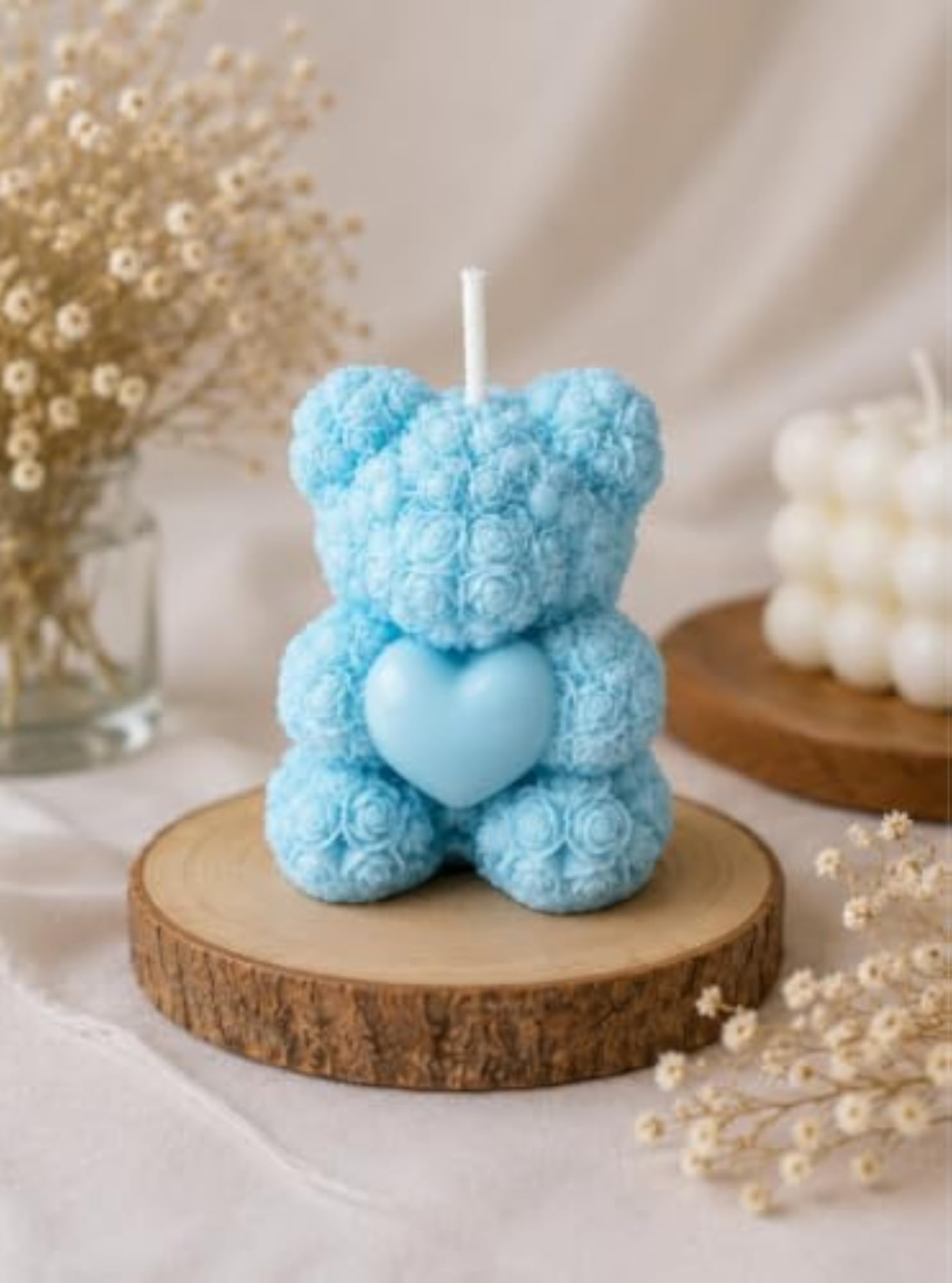 Rose Teddy Bear Candle with Heart, Pink