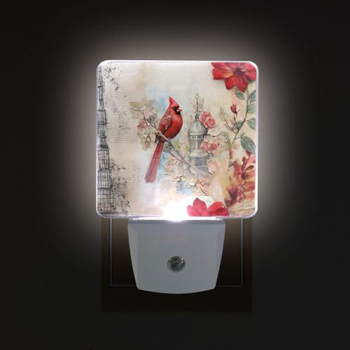 Image of Red Cardinal Bird Flower Night Lights 2 Pack Plug-in Wall Led Nightlight Auto Dusk-to-Dawn Sensor Lamps for Bedroom Kitchen Bathroom
