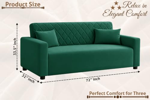 Image of Rosebell 3 Seater Wooden Sofa for Living Room, Modern Fabric Upholstered Sofa with Quilted Backrest, Cushioned Seating, Padded Armrests & Sturdy Wooden Frame - Green