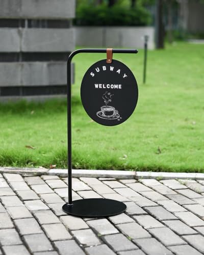 Image of Portable Sidewalk Sign – Round Metal Chalkboard Stand with Magnetic Letters & Writable Surface | 2-in-1 Welcome Board for Café, Restaurant, Retail Store, Event Booth, Gallery Entrance (Black Base)