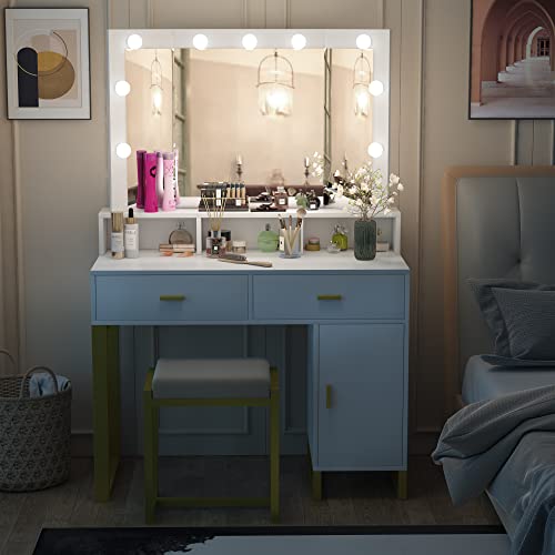 Pakasept Vanity Set With Lights, Makeup Vanity Desk With Tri-Fold Mirror, Dresser Table With 2 Drawer And Storage Cabinet, Cushioned Stool For Women Girls White #TOP4