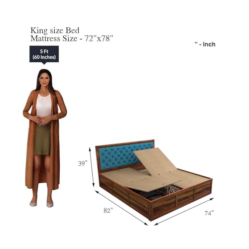 Image of DRIFTINGWOOD Dolvi Solid Sheesham Wood King Size Bed with Storage | Wooden Double Bed Cot Bed with Box Storage & Blue Velvet Upholstered Cushioned Headboard for Bedroom | Honey Finish
