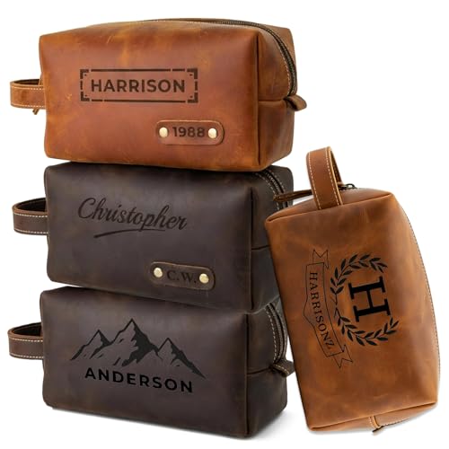 Personalized Toiletry Bag for Men – Genuine Leather Dopp Kit with Custom Engraved Name or Initials – Travel Shaving Bag Gift for Dad, Husband, Boyfriend, Christmas, Birthday, Anniversary