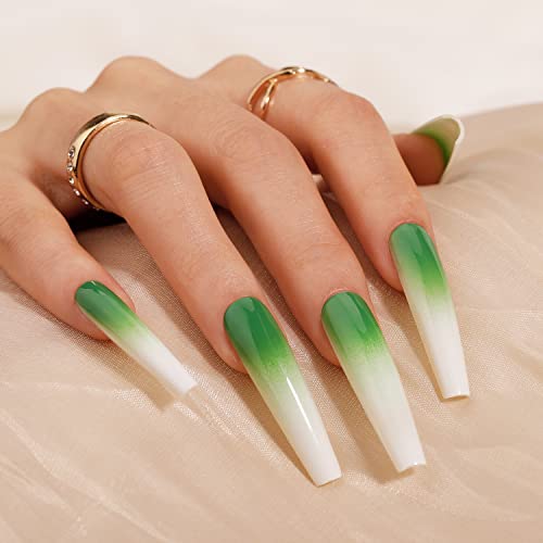 Xtra Long Press On Nails, Bettycora Xxxl Long Coffin Press On Nails Ombre Fake Nails With Nail Glue Acrylic False Nail Tips Kit 12 Sizes 24 Pcs Glue On Nails, Gradient Green #TOP4