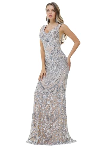 Image of Women's Wedding Bridesmaid Gown Sequined Mermaid V Neck Sleeveless Evening Dress