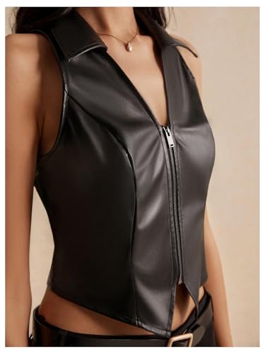 MakeMeChic Women's Leather Tops Zipper Vest V Neck Sleeveless Motorcycle Jacket Waistcoat Edgy Outfits4