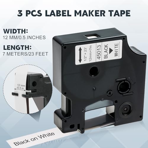 3 Stücke Etikettenband, Schriftbänder 45013 Kompatibel mit Dymo D1 12mm x 7m Etiketten Selbstklebend Schwarz auf Weiß für LabelManager 150 160 210D 280 350 420P LabelPoint 150 350