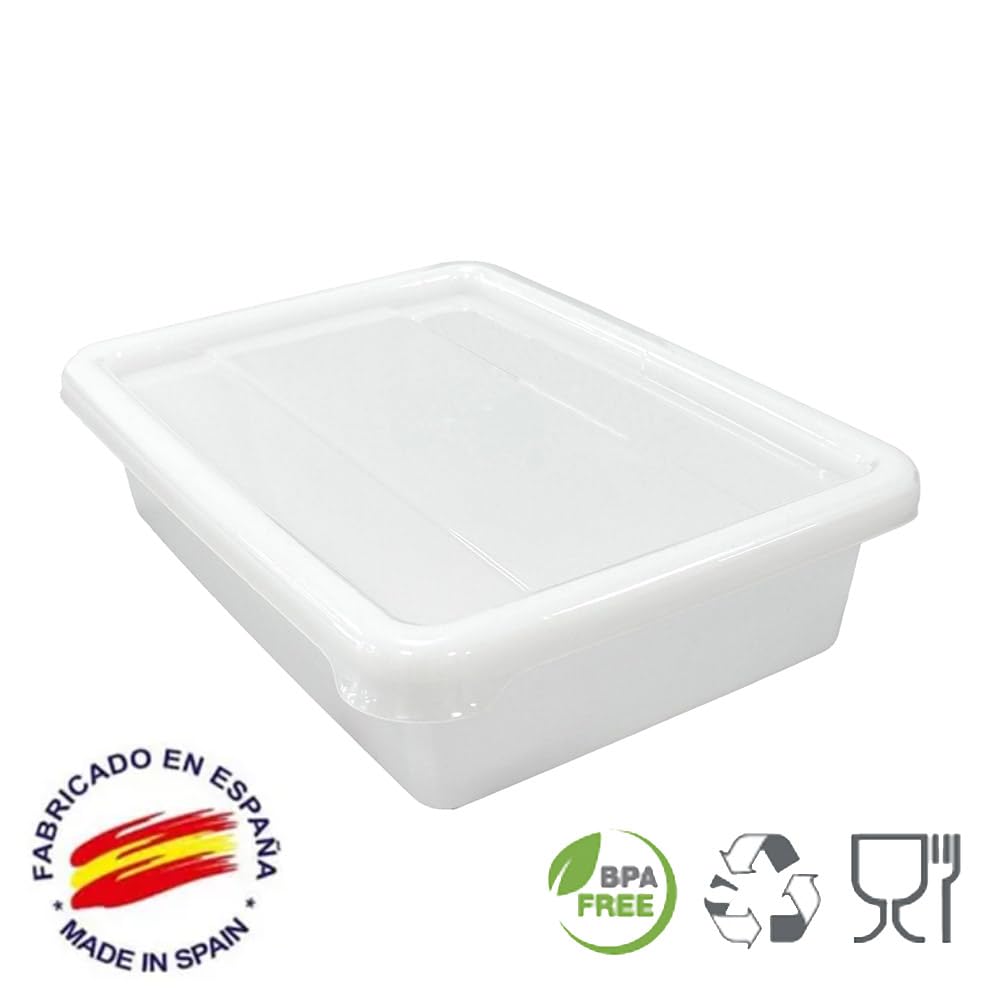 Pack 12 Bandeja Alimentaria Resistente con Tapa 5,6L Sin BPA Ideal Cocinas | 38x28,4x7,5cm. Sin BPA. Ideal para comedores, colegios, mercados, panaderías, pizzerías y conservación de alimentos.
