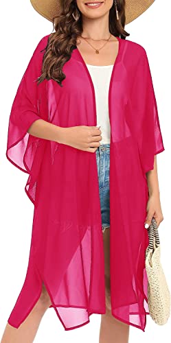 Image of Indian Trendy Women's Solid Puff Sleeve Kimono Long Cardigan Loose Cover Up Casual Blouse Top Chiffon