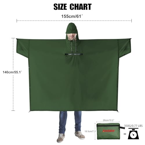Image of Andake Waterproof Rain Poncho for Adults Unisex,230T Ripstop Polyester,Raincoat Gear with Transparent Viewing Window Outdoors