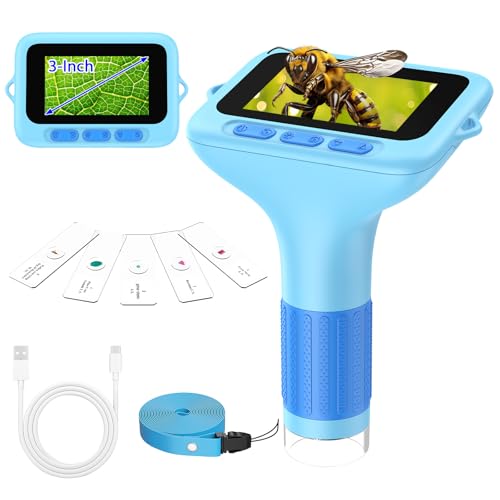 Microscope Enfant Numérique de Poche Portable: 3.0 Grand Écran 1000X Microscope Rechargeable Kit de Lames Biologiques Loupe Cadeau Scientifique pour Enfants