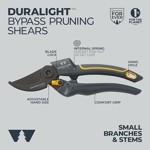 Image of Woodland Tools Co. Duralight Bypass Pruning Shears - 5 /8 inch Cut Capacity, Lightweight Hand Pruner, High Carbon Steel Blade, Adjustable Lock, Internal Spring, Soft Grip Garden Tool for Plants and Shrubs