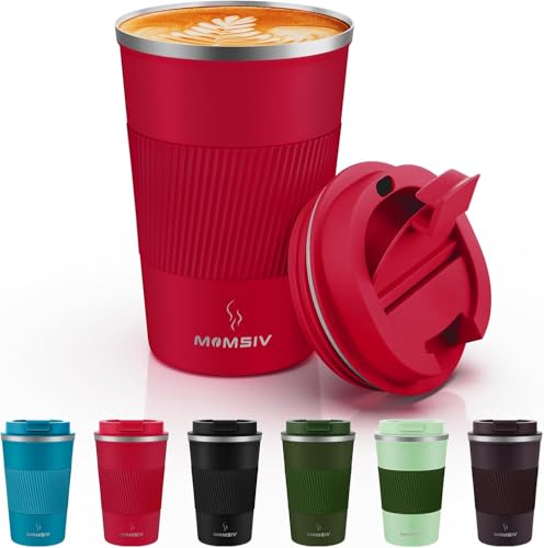 Image of MOMSIV 12oz Travel Mug, Insulated Coffee Cup with Leakproof Lid, Vacuum Stainless Steel Double Walled Reusable Tumbler for Hot and Cold Water Coffee and Tea