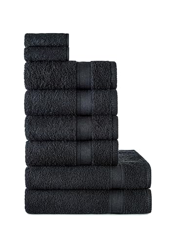 nottoc Handtücher Set Schwarz 8-TLG / 2 Badetücher 70x140 + 4 Handtücher 50x90 + 2 Gästehandtücher 30x50 - Handtuch mit Aufhänger 100% Baumwolle Saugfähige Weiche Luxus Duschhandtücher
