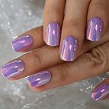 Fake Nails Pink Purle Short Chrome Holographic Press On Nails Squoval Full Cover Acrylic False...