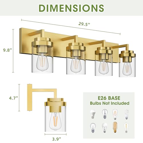 Image of Bathroom Lighting Fixtures, 4-Light Bathroom Vanity Lights Over Mirror, Brass Vanity Light with Glass Shade, Modern Vanity Lighting Fixtures for Bedroom, Hallway